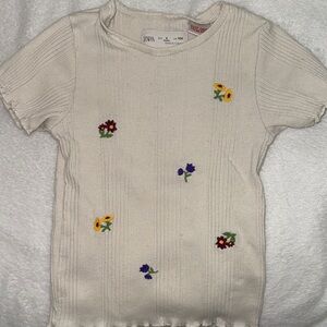 Zara Kids Ivory Tee with Floral Embroidery